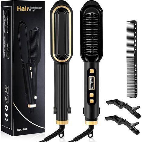 (Schwarz) 2-in-1 Haarglättungsbürste, Ionen-Schnellheizbürste, Heißkamm, beheizbare Haarglättungsbürste mit 16 (1/5)