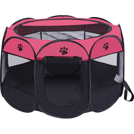 Parc pour animaux octogonal et pliable — Enclos de mise bas en maille respirante pour chats et chiens (91 x 91 x 58 cm) — Rouge rosé + Noir