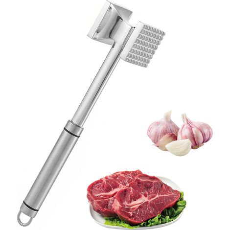 Attendrisseur de Viande en Inox Marteau à Steak 27 cm Marteau à Viande 27 cm Argenté Marteau à Viande de Cuisine Double Face, Ecraseur de Viande, Ecraseur de Viande pour Steak Poulet Porc (1/5)