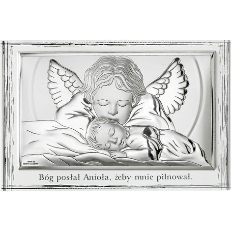 Immagine in argento raffigurante un angelo custode, ricordo del Battesimo e della Comunione, con incisione 81288PL 13,5 x 9 cm (1/5)