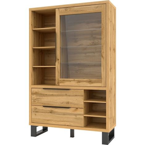 Estantería Avicavu 105, Roble wotan + Negro, Con puertas, Cerrable, Con cajones, Aglomerado laminado, Vidrio templado, Número de puertas: 1, Número de cajones: 2, 190x120x45cm (1/4)