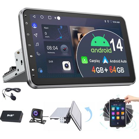 Autoradio Android 15 1Din 10.1 Ecran pivotant 360°avec Carplay GPS BT WIFI FM Radio 4+64G DAB+ CAM