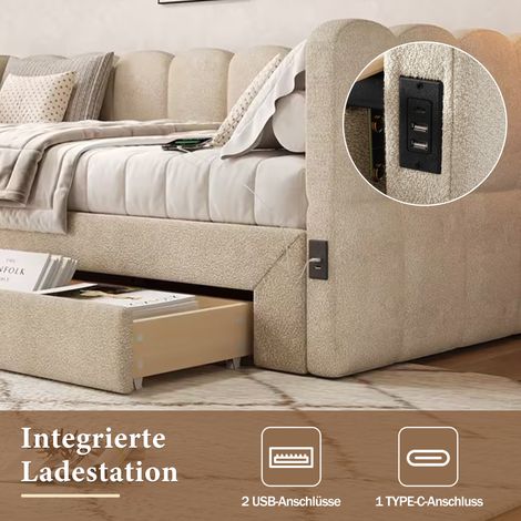 Lit combiné convertible 90x190 cm, canapé-lit extensible 180 cm, 2 tiroirs de rangement, tissu chenille beige, avec port USB, sommier intégré (1/5)