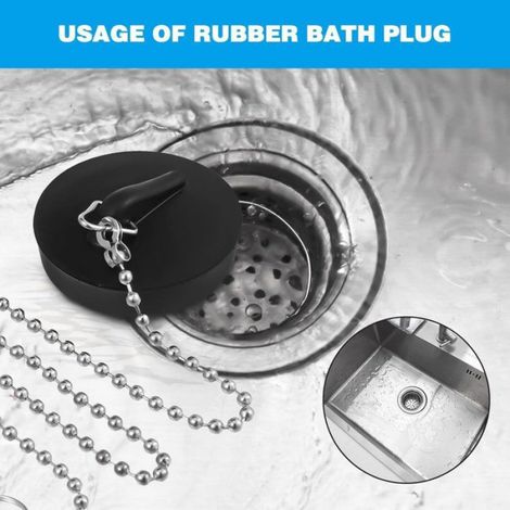 Lot de 2 bouchons d'évier universels - Diamètre 42-45 mm - Chaînette incluse - Noir - Pour salle de bain et cuisine (1/4)