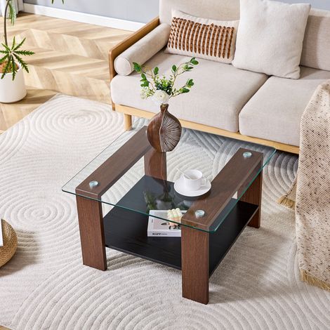 Table basse contemporaine avec espace de rangement, dessus en verre sécurisé et pieds bois de noyer, 65 x 41 x 45,5 cm, meuble de salon compact parfait pour studio, télétravail et pièces exiguës. (1/5)