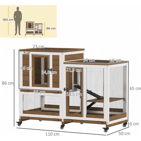 Maison pour lapin, Ce clapier pour lapin comprend des portes avec verrou et 2, marron bois de sapin, Déplacez votre (1/5)