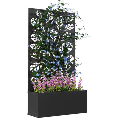 Black Outdoor Metal Planter with Back Trellis for Garden or Patio Decor