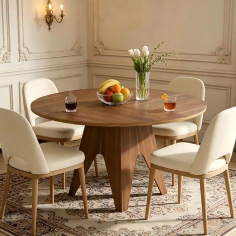 Table ronde pour salle à manger, cuisine, salle à manger, salon, 120 cm, pour 4 à 6personnes, table à manger style rustique avec dessus et pieds en bois, Noyer(table uniquement)
