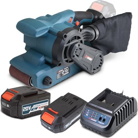 Ponceuse à bande sans fil 20V avec moteur brushless livrée avec 1 batterie 2Ah, 1 batterie 4Ah et un chargeur rapide. (1/4)