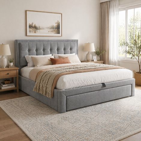 Letto contenitore 140x190 in velluto grigio con doghe, testiera regolabile e 2 cassetti HAVRYA (1/5)