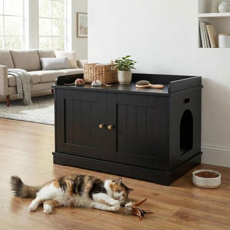 Meuble bac à litière pour chat 31,5'' – Enclos caché avec double portes, armoire facile à nettoyer – Table d’appoint moderne, anti-chien, pour salon ou couloir – Noir (1/5)