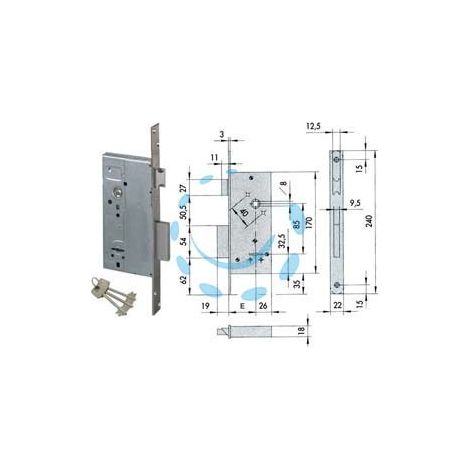 SERRATURA DA INFILARE DOPPIA MAPPA CON SCROCCO 57211 - mm.45 - gambo chiave mm.60 (57211460)
