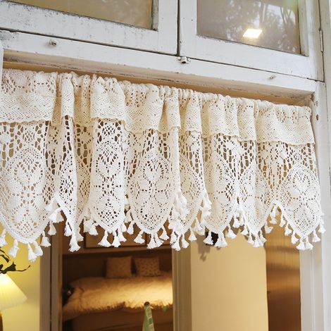 Rideau voilage aspect crochet, rideau court avec pompon, motif mandala au crochet, rideau rétro pour fenêtre, porte, armoire, décoration, 90 x 38 cm (1/5)