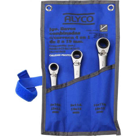 Juego de 3 llaves con carraca 4 en 1 en bolsa de nylon ALYCO