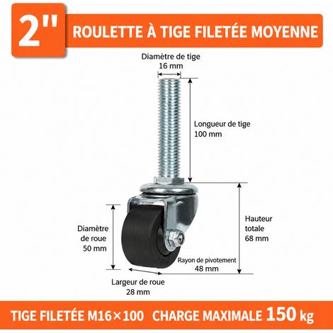 Roulette industrielle pivotante en nylon 2 pouces (50 mm) à tige filetée M16100 2 m16 100 03 2 kg – Livraison gratuite