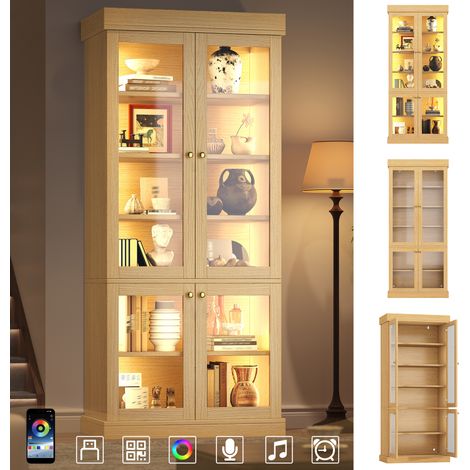 Armoire haute vitrée LED - 80x40x180 cm - Bois naturel - Vitrine en verre - Éclairage LED multicolore (1/5)