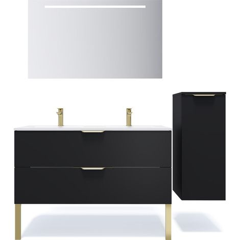 Meuble de salle de bain suspendu double vasque intégrée 120cm 2 tiroirs Noir + miroir + colonne ouverture droite - Venice (1/5)