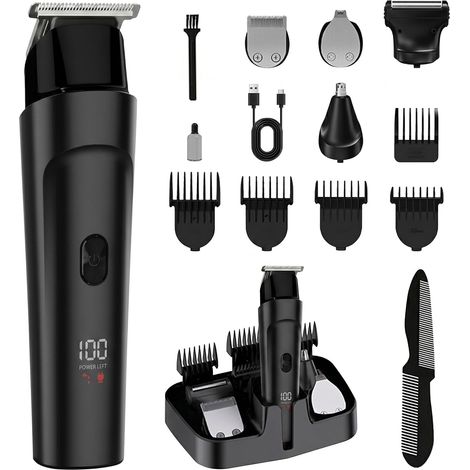 5 En 1 Tondeuse à Cheveux, Set de Tondeuse Cheveux Rasoir Electrique Sans Fil, 5 Peignes à Barbe, Avec Lame en T de Coupe, pour Tailler/Contour/Nez/Corps, Idéal Cadeau Homme (1/5)