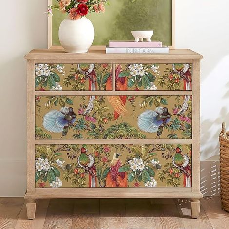 Papier Peint Oiseaux Jaune Ocre Oriental Papier Peint Fleuri Jaune Ocre Chinoiserie 44,5 cm x 300 cm Papiers Peints Decoratifs Chambre Salle de Bain Tropical Forêt Sticker Meuble Amovible (1/2)