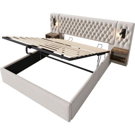 Cama con almacenaje 160 x 200 cm con 2 mesillas, LED, USB-C, terciopelo beige, HOMVRA (1/5)
