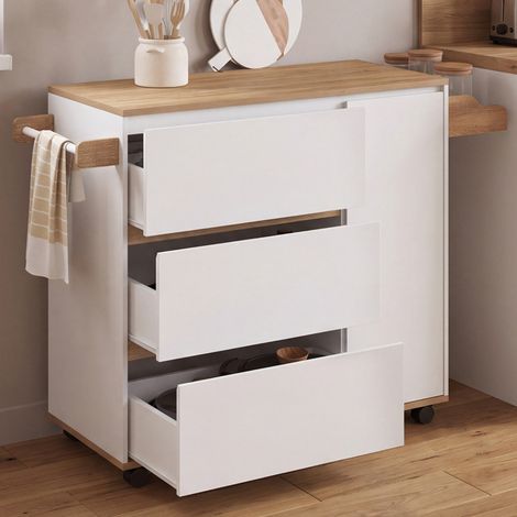 Aparador de cocina COMI XXL con 3 caceroleros y armario blanco y encimera efecto haya L. 90 cm (1/5)