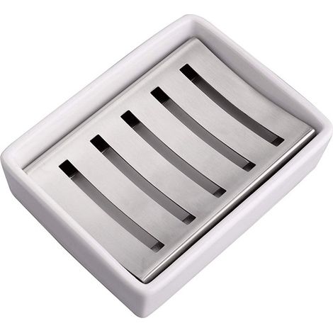 Porte-Savon en céramique SUS304 en Acier Inoxydable Double Couche Porte Savon Douche Drainante Savon Boîte pour Salle de Bain et Douche Blanc