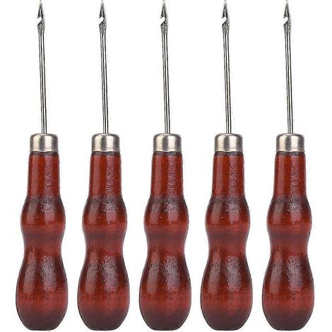 Lot de 5 poinçons à manche en bois pour la couture, la réparation de chaussures et le crochet. (1/5)