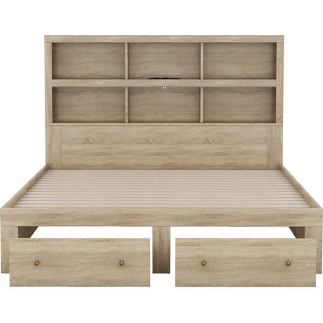 Letto matrimoniale 160 x 200 cm con testiera contenitore, 2 cassetti, naturale (1/5)