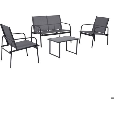 Ensemble salon de jardin extérieur - JUANIO - 4 pièces canapé 2p & 2 fauteuils - Gris - Structure métal - Assises toile respirante (1/4)