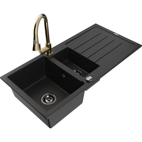 Mexen Andres fregadero de granito de 1,5 senos con escurridor y grifo de cocina Elia, negro - 6515-77-670101-50-B