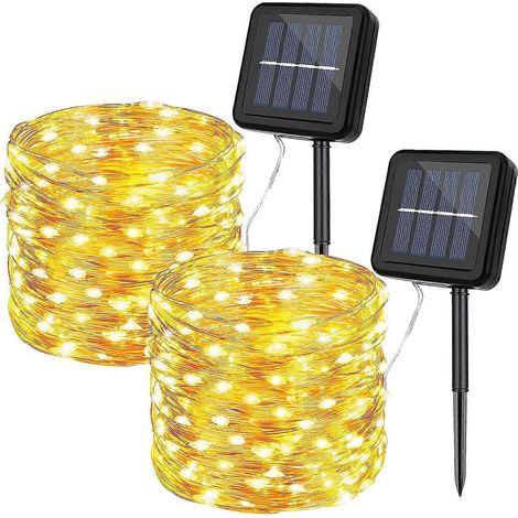 Solarbetriebene Lichterkette für den Außenbereich, 2er-Set, wasserdicht, 11 m (36 ft), 100 LEDs, 8 Leuchtmodi, Kupferdraht, für Terrasse, Garten, Bäume, Weihnachten, Hochzeiten, Bankette (1/5)