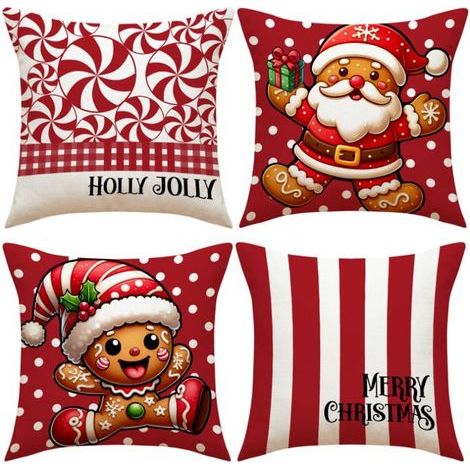 4 festive 45x45cm Christmas cushion covers with simple cartoon patterns, versatile for sofa and bedroom decor.