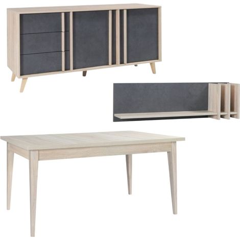 Salle à manger complète MALMO avec table 160 cm, buffet 165 cm et étagère murale – Chêne clair et gris (1/5)