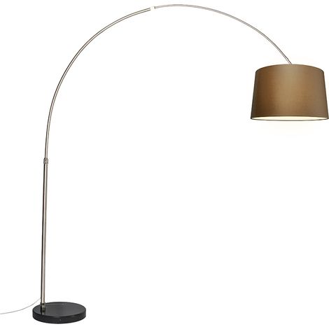 Qazqa – Lampadaire arc en acier avec abat-jour marron 45 cm – Hauteur réglable 210-247 cm – Base en marbre 38 cm – Douille E27