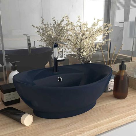 Lavabo Lave-Mains Évier ovale à trop-plein Bleu foncé mat/Vasque 58,5x39 cm Céramique (1/5)
