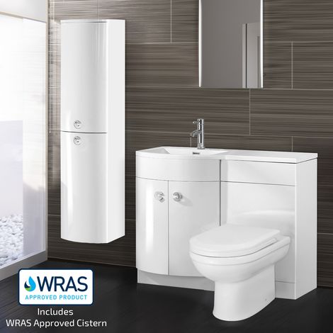 Dene LH 1100mm Vanity Basin Unit White, Welbourne Back to Wall Toilet & Wall Hung Cabinet White (1/5)