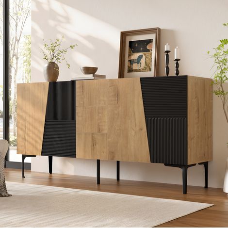 MODFU – Aparador 160x40x80 cm con 4 puertas, 3 cajones, estantes regulables y patas de metal para salón o comedor – Natural/negro (1/5)