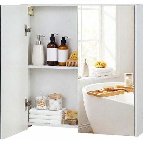 2-Tier Wall-Mounted Medicine Cabinet Bathroom Cabinet with Double Mirrored Doors Surface or Recessed Installation White