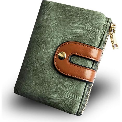 Mini porte-monnaie zippé pour dames en cuir RFID à deux volets (vert)