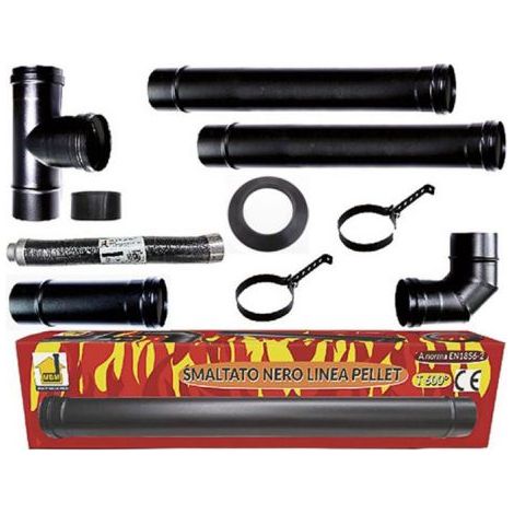 MBM – Kit complet de fumisterie poêle à pellets tubes 80 mm – Tube acier émaillé noir – Résistant à 600 °C – Conduit porcelaine – 2 éléments 1m + 1 courbe 90°