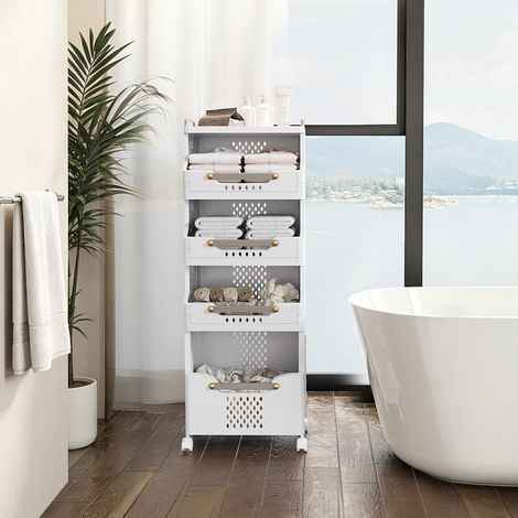 Chariot multifonctionnel à 4 niveaux avec panier de rangement, à roulettes et grande capacité, beige-gris. (1/5)