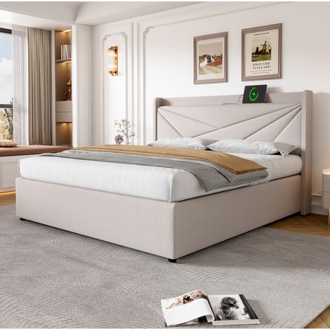 MEUBLIV Lit double avec rangement tête de lit géométrique charge USB et Type C beige 140 x 200 cm avec sommier à lattes (1/5)