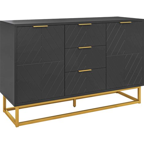 Buffet design contemporain 2 portes, étagères ajustables, 3 tiroirs coulissants, bois noir et métal doré (1/5)