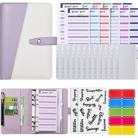 Classeur Budget - - 6 Anneaux - Enveloppes en PU Cuir - Organisateur Mauve - Résistant à l'Eau (1/4)