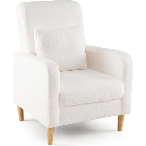 Poltrona imbottita con cuscino lombare, rivestimento in lana a forma di orsacchiotto, gambe in legno di caucciù, stile moderno, sedia da lettura, bianco (1/5)