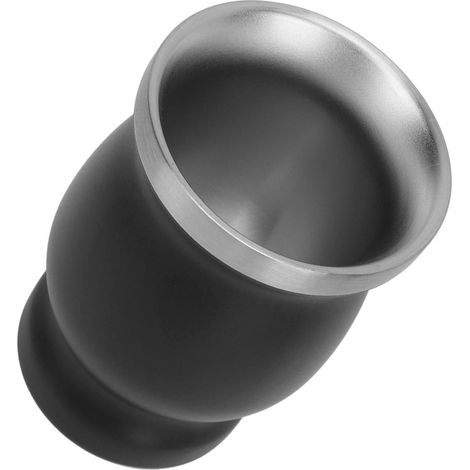 Tasse isotherme en forme de calebasse (230 ml) à double paroi en acier inoxydable avec cuillère, paille et goupillon. Idéale pour le thé, le café et le vin. Couleur : noir. (1/5)