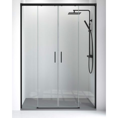 Mampara Ducha Frontal 2 puertas 2 fijos Cristal Templado 6mm Antical Transparente Altura 195cm Perfil Negro Mate 155 cm (Adaptable 152-157cm) (1/5)