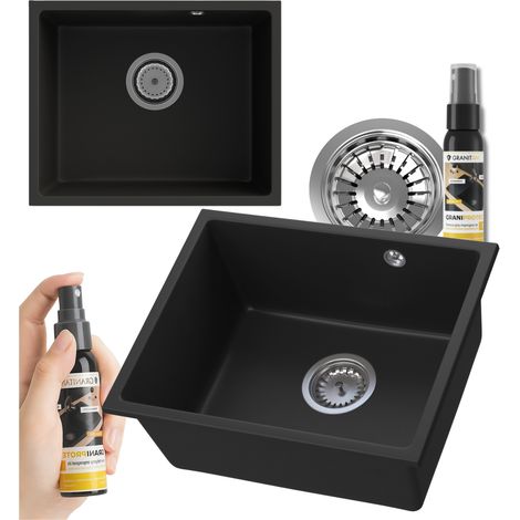 Évier de cuisine en granit Manado 46 × 37.5 cm 1 bac sous plan noir avec mitigeur et siphon (1/4)