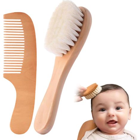 Spazzola per capelli per neonati, set spazzola e pettine in legno per neonati, setole di capra naturali, pettine in legno per neonati, bambini piccoli e in età prescolare.