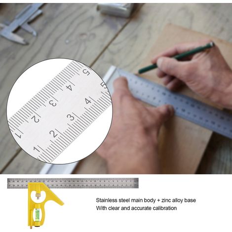 Équerre combinée métallique 300mm, règle ajustable angle droit, outil de mesure ingénieur, jaune, précision professionnelle. (1/5)
